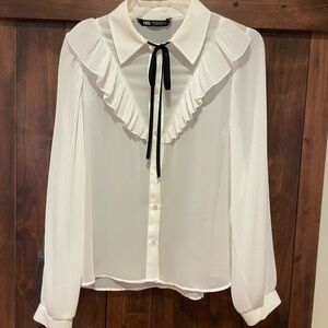 Zara Cream Ruffled Blouse with Black Tie